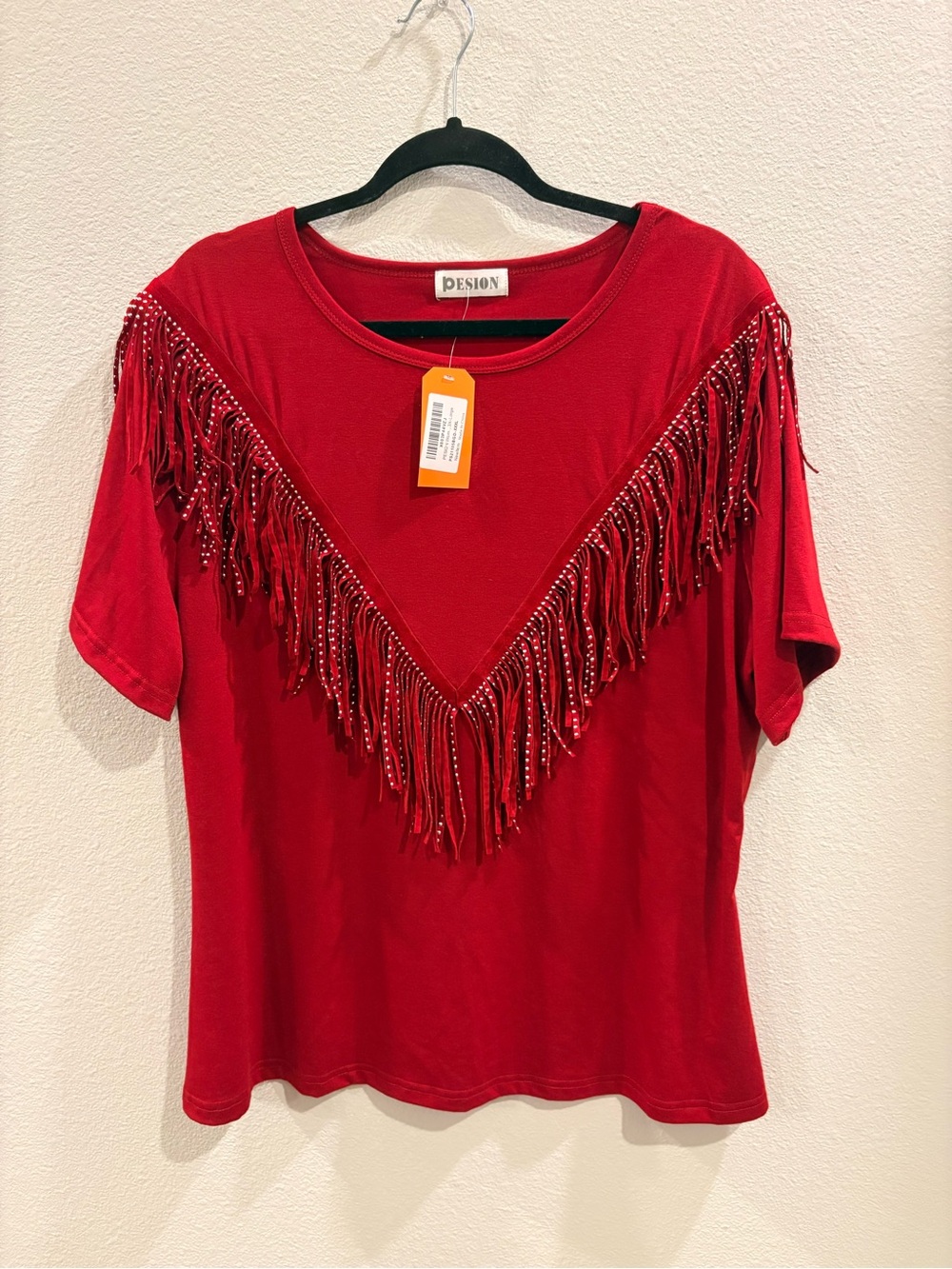 Red Short Sleeve Fringe Studded Tee